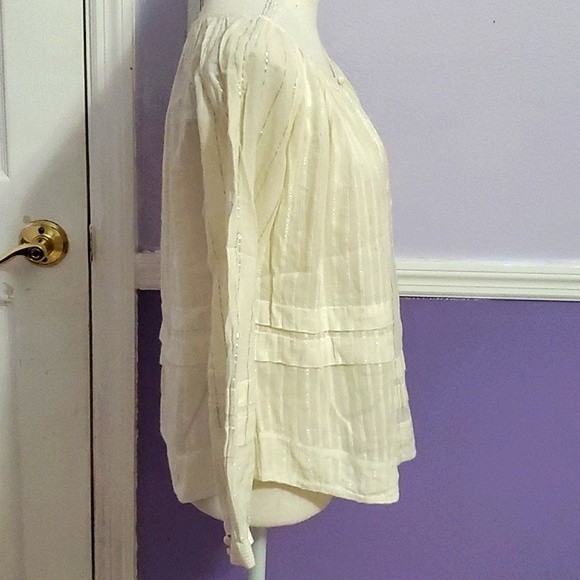 Rebecca Taylor Boho Cream Gauzy Pleated Balloon Sleeves Flowy Peasant Top 6 - Picture 6 of 14